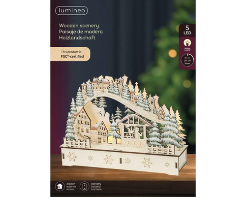 Verlicht houten winterlandschap Lumineo met 5 warm witte ledlampjes, FSC-gecertificeerd, op batterijen, timer, kersttafereel met huisjes en bomen.