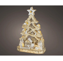 Verlichte houten kerstboom met wintertafereel en een ster bovenop.