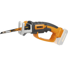 Worx accu-reciprozaag 20 Volt met zaagblad voor hout, oranje en zwart.
