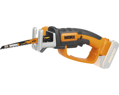 Worx accu-reciprozaag 20 Volt met zaagblad voor hout, oranje en zwart.