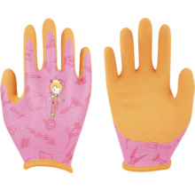Kinder-tuinhandschoenen in roze en oranje met meisjesmotief en patronen van tuingereedschap.