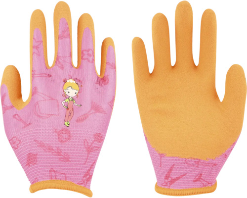 Kinder-tuinhandschoenen in roze en oranje met meisjesmotief en patronen van tuingereedschap.