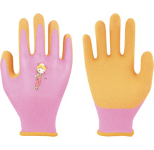 Roze en gele tuinwerkhandschoenen voor kinderen van gebreid textiel met gecoate handpalmen en een meisjesafbeelding op de rug.
