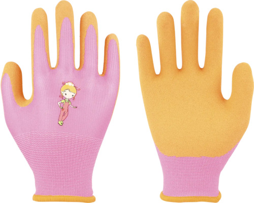 Roze en gele tuinwerkhandschoenen voor kinderen van gebreid textiel met gecoate handpalmen en een meisjesafbeelding op de rug.