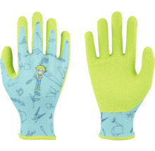 Kinderwerkhandschoenen met tuinmotieven en jongensfiguur, bovenzijde lichtblauw met patroon, handpalm neongroen gecoat.