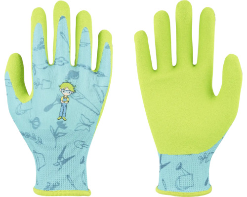 Kinderwerkhandschoenen met tuinmotieven en jongensfiguur, bovenzijde lichtblauw met patroon, handpalm neongroen gecoat.