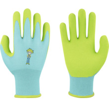 Lichtblauwe en lindegroene tuinhandschoenen voor kinderen met handpalmen met textuur en een stripfiguurtje op de rug.