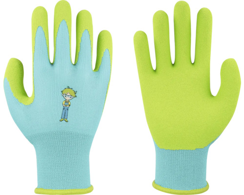Lichtblauwe en lindegroene tuinhandschoenen voor kinderen met handpalmen met textuur en een stripfiguurtje op de rug.