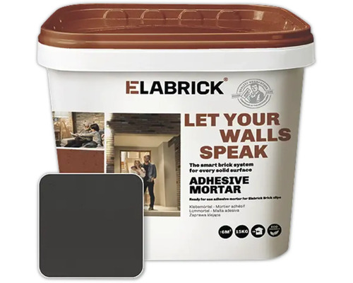 Elabrick lijmmortel voor steenstrips in een emmer van 15 kilogram met een donkergrijs kleurstaal.