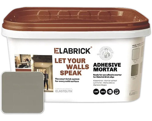 Kant-en-klare Elabrick lijmmortel in grijs voor steenstrips, emmer van 5 kilogram voor circa 2 vierkante meter.