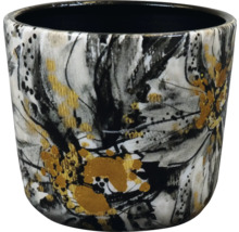 Ronde bloempot van keramiek met een abstract penseelstreekpatroon in zwart, wit en goud.
