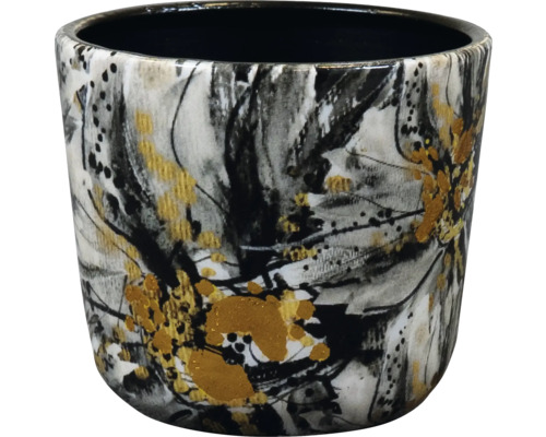 Ronde bloempot van keramiek met een abstract penseelstreekpatroon in zwart, wit en goud.