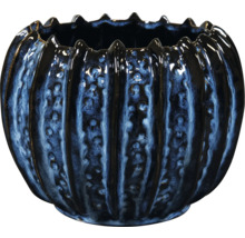 Ronde, geribbelde bloempot van geglazuurd keramiek in blauw met golvende rand.
