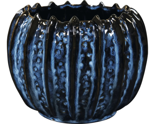 Ronde, geribbelde bloempot van geglazuurd keramiek in blauw met golvende rand.