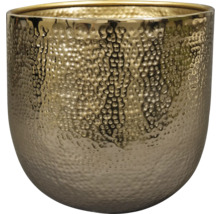 Ronde metalen bloempot met gehamerde structuur in goudlook.