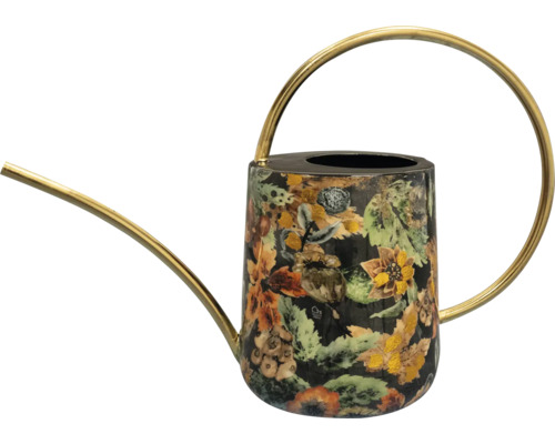 Decoratieve gieter met bloemenpatroon, lange goudkleurige tuit en grote ronde handgreep.
