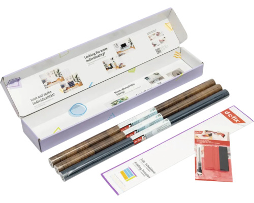 d-c-fix plakfolieset met drie rollen designfolie in houtlook en antraciet, inclusief rakel, cutter en vouwsjabloon.