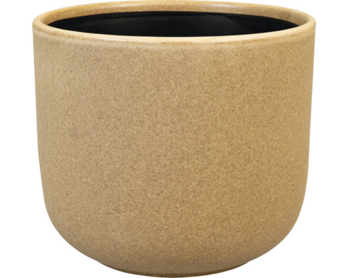 Ronde beige overpot van keramiek met een gestructureerd oppervlak.