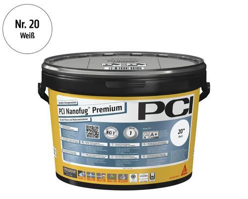 PCI Nanofug Premium flexibele voegmortel in wit nummer 20 in emmer, geschikt voor alle tegels en natuursteen.