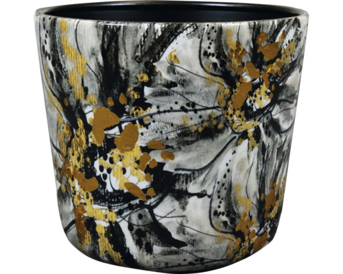 Keramieken bloempot met abstract bloemenpatroon in zwart, wit en goud.