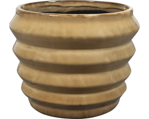 Geribde bloempot van keramiek in beige met een glanzend oppervlak.