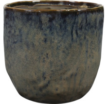 Ronde keramische bloempot met een geglazuurd, blauw en beige gemêleerd oppervlak.