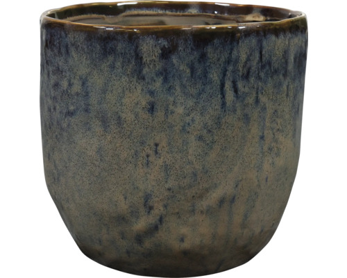 Ronde keramische bloempot met een geglazuurd, blauw en beige gemêleerd oppervlak.