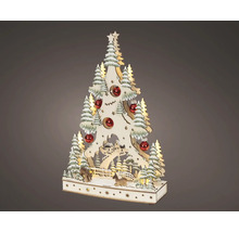 Houten kerstdecoratie in de vorm van een kerstboom met winterlandschap, herten en rode kerstballen.