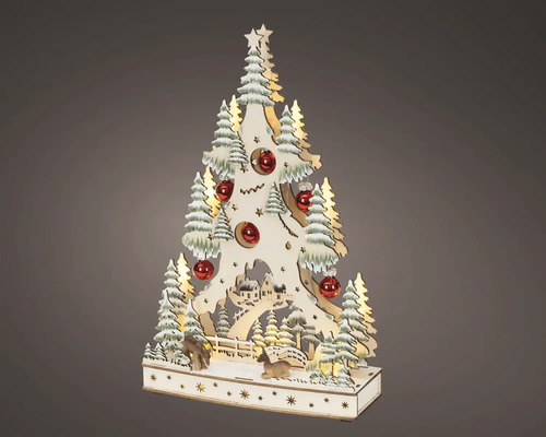 Houten kerstdecoratie in de vorm van een kerstboom met winterlandschap, herten en rode kerstballen.
