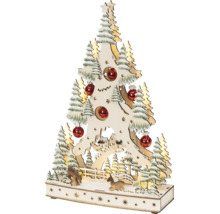 Houten kerstdecoratie, kerstboomsilhouet met verlichting, herten, kleine huisjes en rode kerstballen.