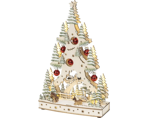 Houten kerstdecoratie, kerstboomsilhouet met verlichting, herten, kleine huisjes en rode kerstballen.