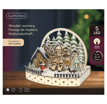 Lumineo Logo, verlicht houten landschap met huisjes en sneeuwpoppen, 5 warmwitte LED-lampjes, FSC-gecertificeerd, op batterijen, timerfunctie.