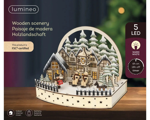 Lumineo Logo, verlicht houten landschap met huisjes en sneeuwpoppen, 5 warmwitte LED-lampjes, FSC-gecertificeerd, op batterijen, timerfunctie.