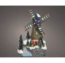 Kerstdecoratie windmolen met LED-verlichting, kerstman en besneeuwde dennenbomen op een rotsachtige basis