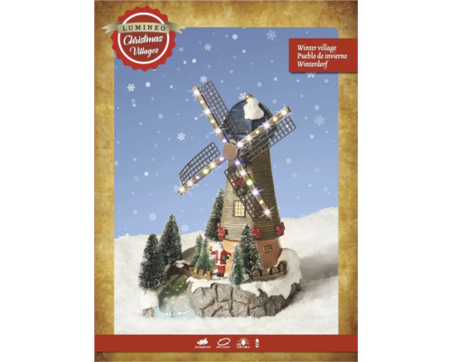 Handbeschilderd Lumineo kerstdorp windmolen met beweging, verlichting, kerstman en besneeuwde dennenbomen.