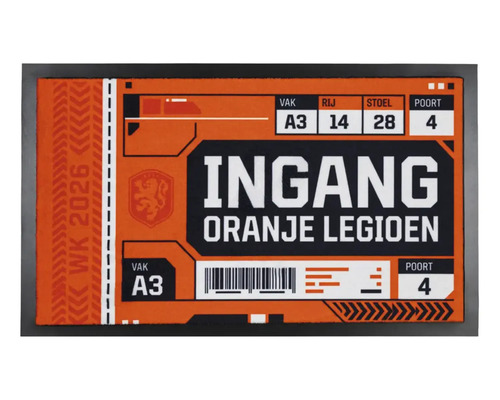 Rechthoekige deurmat met het ontwerp van een ticket voor het Oranje Legioen voor het wereldkampioenschap 2026 met de tekst INGANG.