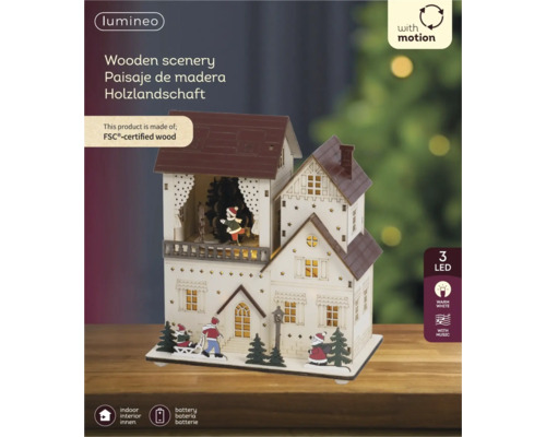Kerstdecoratie houten landschap met beweging, muziek en 3 warmwitte LED-lampjes, op batterijen, voor binnen, van FSC-gecertificeerd hout.