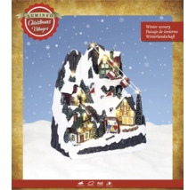 Lumineo kerstdorp winterlandschap met besneeuwde berg, huisjes, kabelbaan, figuren en warm witte ledverlichting.