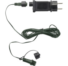 Voedingsadapter met verlengkabel voor buitenverlichting, zwarte stekker, donkergroene kabel.