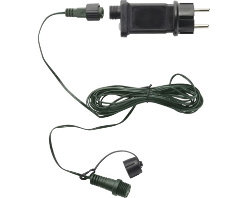 Voedingsadapter met verlengkabel voor buitenverlichting, zwarte stekker, donkergroene kabel.