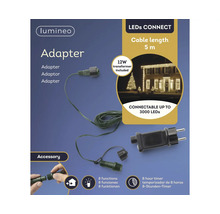 Lumineo adapter voor LED-systemen met 12 watt transformator, kabel van 5 meter, 8 functies en 8-uurs timer voor 3000 LED's. Lumineo Logo.