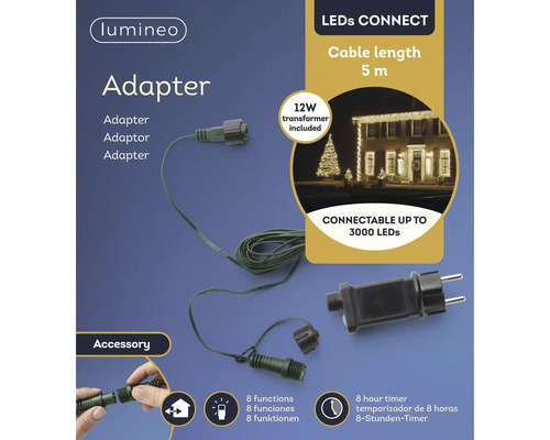 Lumineo adapter voor LED-systemen met 12 watt transformator, kabel van 5 meter, 8 functies en 8-uurs timer voor 3000 LED's. Lumineo Logo.