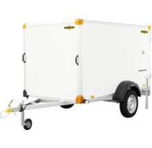 Witte eenassige gesloten aanhanger van Humbaur mit neuswiel en Humbaur Logo.
