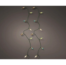 LED-kerstverlichting met gedraaide groene kabel en vlamvormige veelkleurige lampjes.