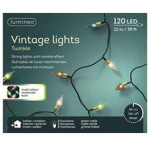 Lumineo Logo. LED-lichtsnoer Vintage, 120 gekleurde LEDs, 12 meter groen snoer, 8 functies, timer, geschikt voor binnen en buiten.