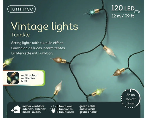 Lumineo Logo. LED-lichtsnoer Vintage, 120 gekleurde LEDs, 12 meter groen snoer, 8 functies, timer, geschikt voor binnen en buiten.