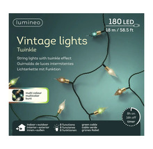 Lumineo Logo, Vintage kerstverlichting Twinkle met 180 LED, 18 meter, meerkleurig, groene kabel, 8 functies, timer, voor binnen en buiten.