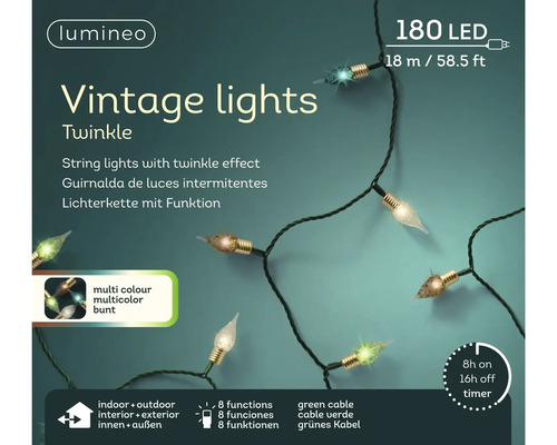 Lumineo Logo, Vintage kerstverlichting Twinkle met 180 LED, 18 meter, meerkleurig, groene kabel, 8 functies, timer, voor binnen en buiten.