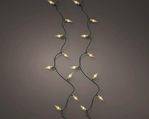 Led-lichtsnoer met warmwitte, kaarsvormige lampjes aan een donker snoer voor kerstdecoratie.