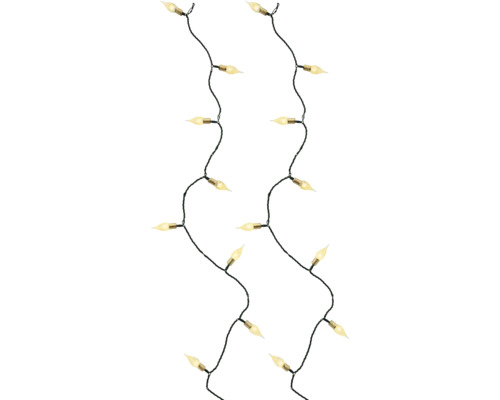 Kerstverlichting met warmwit lichtgevende lampen in kaarsvorm en een donkergroene kabel.